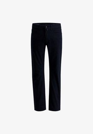 Dunkelblaue Denim-Jeans mit geradem Bein, ausgestattet mit fünf Taschen, einem Knopfverschluss und einer glatten, strukturierten Oberfläche.