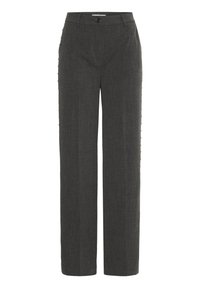 Pantaloni a gamba dritta grigio scuro con chiusura a bottone e passanti per cintura, caratterizzati da un sottile dettaglio con bottoni laterali.