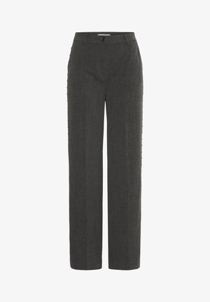 Pantaloni a gamba dritta grigio scuro con chiusura a bottone e passanti per cintura, caratterizzati da un sottile dettaglio con bottoni laterali.