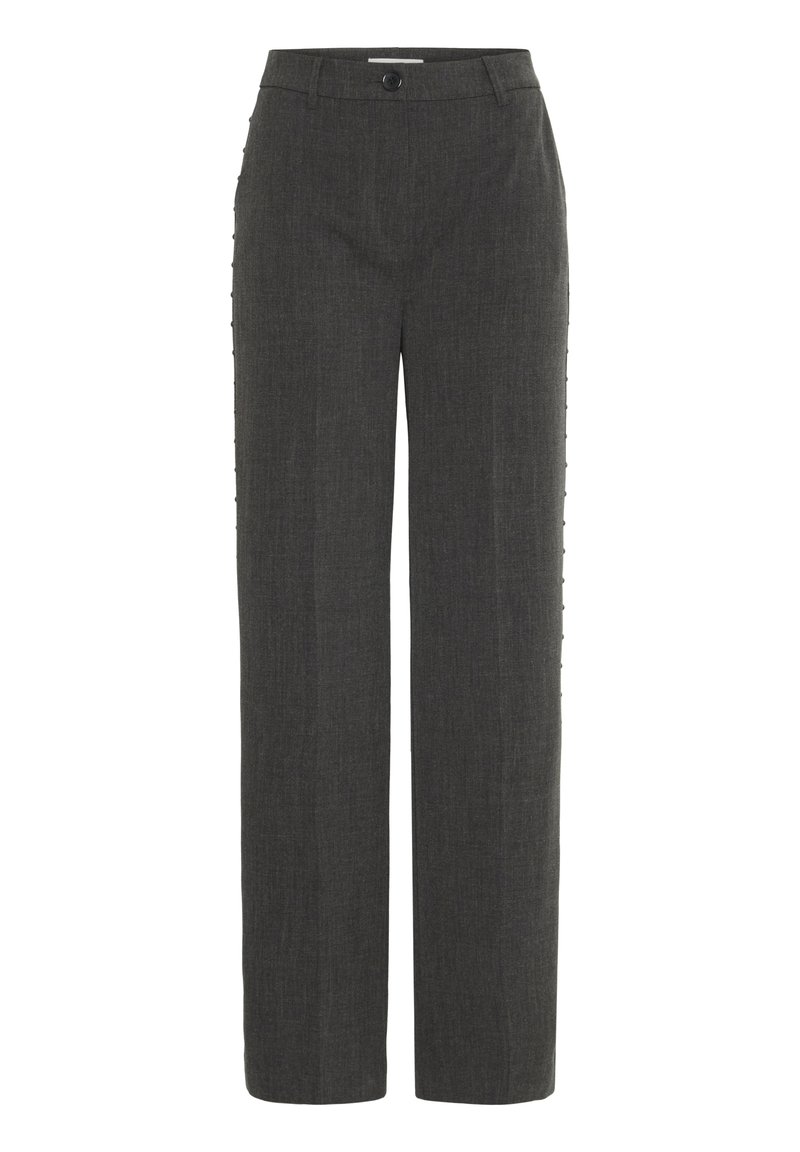 Pantaloni a gamba dritta grigio scuro con chiusura a bottone e passanti per cintura, caratterizzati da un sottile dettaglio con bottoni laterali.