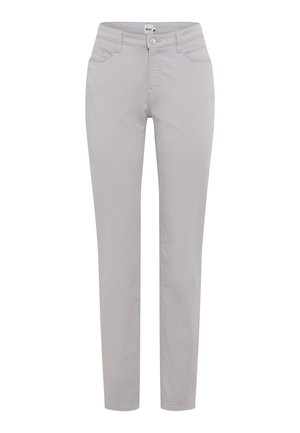 Lysegrå slim-fit bukser med forlommer, bæltestropper og knaplukning, vist på en hvid baggrund.