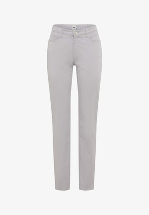 Pantaloni slim-fit grigio chiaro con tasche anteriori, passanti per cintura e chiusura con bottone, mostrati su sfondo bianco.