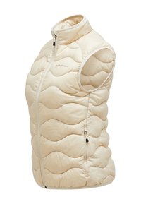 Gilet beige trapuntato con colletto alto, design senza maniche e motivo di imbottitura ondulato. Presenta una zip frontale e tirazip nero.