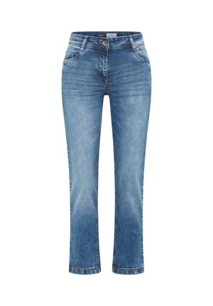 Jean en denim bleu délavé avec fermeture à boutons sur le devant, fermeture éclair, et design à cinq poches, présenté sur fond blanc.