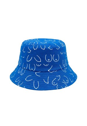 Niebieski kapelusz z szerokim rondem, na tkaninie wzór z różnymi białymi rysunkami linii przedstawiającymi stylizowane piersi.