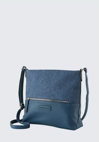 Borsa a tracolla blu con parte superiore testurizzata, sezione inferiore liscia, tasca frontale con zip e tracolla regolabile.