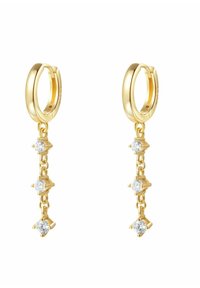 Boucles d'oreilles en or, avec un détail pendulaire, présentant trois pierres précieuses transparentes serties d'accents décoratifs le long d'une chaîne articulée.