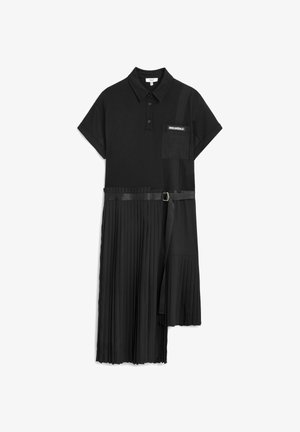 Black dress with a polo-style top, short sleeves, and a pleated skirt. Features a belt and pocket with a logo detail. Smooth texture.