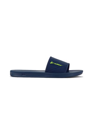 Infradito blu con una piattaforma testurizzata e una fascia larga che presenta un logo del marchio verde; realizzati in materiale sintetico resistente.