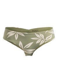 Olive green bikini bottom featuring white leaf patterns, a high waist design, and smooth texture with a Roxy logo on the back.