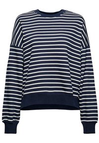 Sweat-shirt rayé bleu marine et blanc avec une coupe ample, des poignets larges et un col arrondi. Tissu doux, coupe courte à l'ourlet.