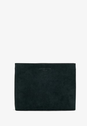 Dark green suede clutch bag with a smooth texture, rectangular shape, and embossed brand logo on the front. No visible hardware.