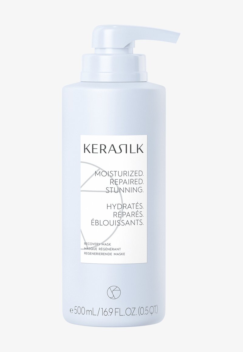 Kerasilk Recovery Mask pump bottle, 500ml, labeled for moisturizing, repairing, and stunning hair treatment in English, French, and German.