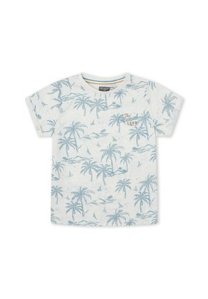 Camiseta blanca de manga corta con patrón de palmeras y isla en azul claro, y texto "The Comedy Club" en color beige en el pecho.