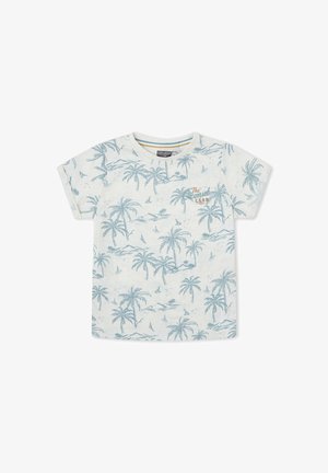 Camiseta blanca de manga corta con patrón de palmeras y isla en azul claro, y texto "The Comedy Club" en color beige en el pecho.