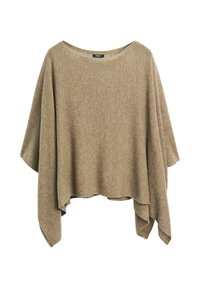 Poncho marron, surdimensionné, fabriqué en tissu doux et texturé, avec un large col et des côtés fluides, créant une silhouette décontractée.