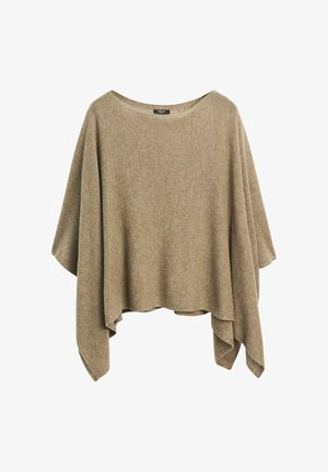 Bruine, oversized poncho gemaakt van zachte, gestructureerde stof, met een wijde halslijn en vloeiende zijkanten, wat een ontspannen silhouet creëert.