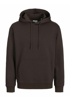 Donkerbruine pullover hoodie met voorzak in kangoeroestijl, capuchon met trekkoord en geribbelde boorden en zoom, weergegeven op een witte achtergrond.