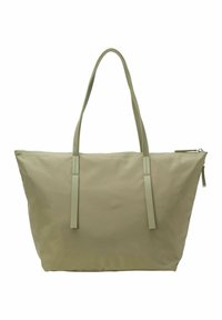 Sac fourre-tout vert clair en tissu doux, avec des anses longues et plates, une fermeture éclair sur le dessus, et un design minimaliste sans motifs ni accents.