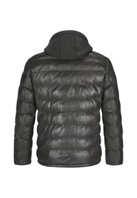 Schwarze Leder-Puffermantel mit Kapuze, gestepptem Design und glatter Textur. Die Rückansicht zeigt horizontale Nähte und taillierte Ärmel.