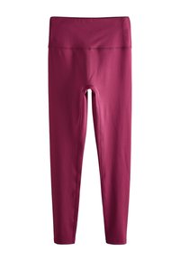 Bordeauxrote Leggings aus elastischem Stoff, mit hohem Bund, glatter Textur und schmal zulaufendem Design, geeignet für Sportbekleidung.