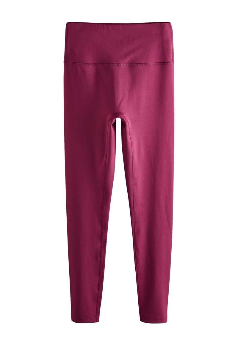 Bordeauxrote Leggings aus elastischem Stoff, mit hohem Bund, glatter Textur und schmal zulaufendem Design, geeignet für Sportbekleidung.