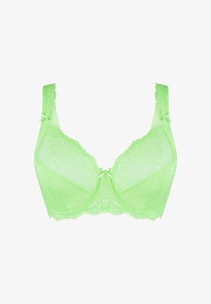 Svetlozelená čipkovaná podprsenka s dekoratívnymi mašličkami, má jemné košíčky a široké ramienka. Tkanina má textúrovaný kvetinový vzor a hladký povrch.