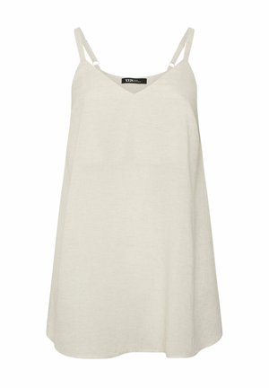 Top beige sin mangas de corte holgado con tirantes delgados ajustables y escote en V.