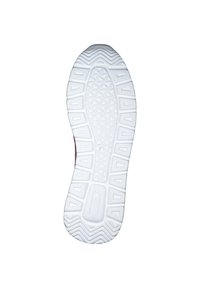 White rubber sneaker sole with textured grip, featuring a hexagonal pattern and triangular accents for improved traction.
