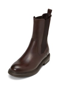 Bottines en cuir marron avec panneaux élastiques sur les côtés et une languette. Bout arrondi et semelle texturée avec un détail de couture.