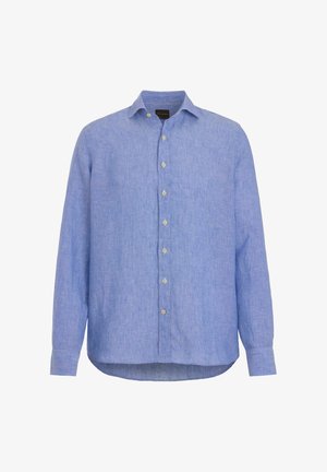 Hellblaues Leinenhemd mit langen Ärmeln, Knopfleiste vorne, klassischem Kragen und abgerundetem Saum.