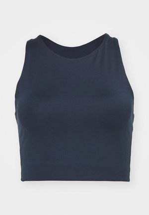 Navy blue cropped tank top made of smooth, stretchy fabric with a round neckline and a fitted design, featuring no visible seams or patterns.