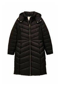 Melnā pūkaina jaka ar chevron dizainu, kapuci un pilnu rāvējslēdzēju. Iezīmē sānu ribotu paneļu un zelta aksesuāru detaļas. Garas piedurknes.