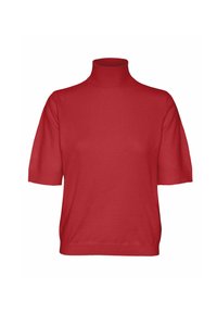Maglione rossi a collo alto con maniche corte, realizzato in tessuto a maglia liscia. Presenta un colletto aderente e una forma del corpo morbida.