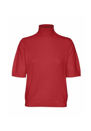 Pull à col roulé rouge à manches courtes, fabriqué en tissu tricot lisse. Présente un col ajusté et une coupe décontractée.