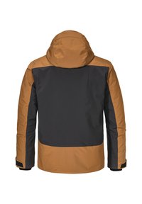 Wasserdichte Jacke in braun-schwarzer Farbgestaltung, mit Kapuze, glatter Textur und kontrastierendem Panele-Design auf der Rückseite.