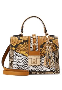 Rakennettu käsilaukku, jossa on keltaisenruskeaa käärmeennahkaa ja musta-valkoista pilkullista pintaa, kultaiset yksityiskohdat ja irrotettava tupsu.