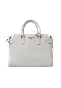 Borsa strutturata bianca realizzata in materiale sintetico texture, dotata di doppi manici superiori e dettagli in metallo argentato. Logo "GABILE" in evidenza.