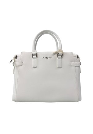 Borsa strutturata bianca realizzata in materiale sintetico texture, dotata di doppi manici superiori e dettagli in metallo argentato. Logo "GABILE" in evidenza.