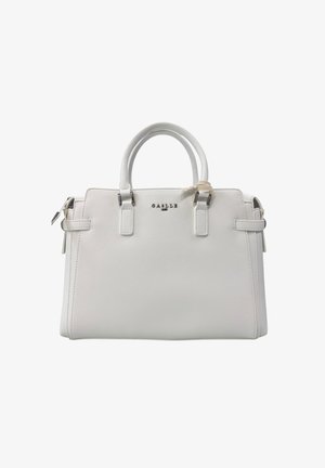 Borsa strutturata bianca realizzata in materiale sintetico texture, dotata di doppi manici superiori e dettagli in metallo argentato. Logo "GABILE" in evidenza.
