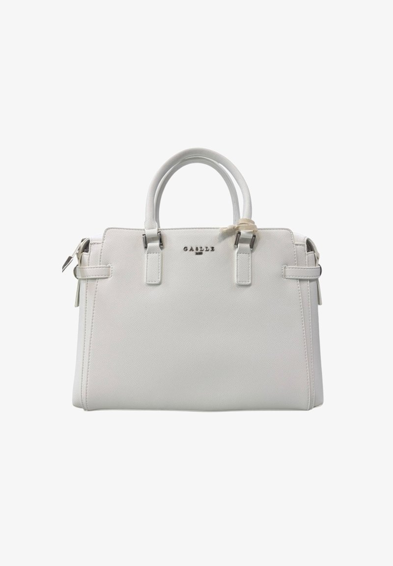 Borsa strutturata bianca realizzata in materiale sintetico texture, dotata di doppi manici superiori e dettagli in metallo argentato. Logo "GABILE" in evidenza.