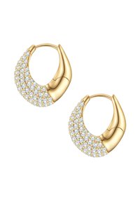 Zlatne kružne naušnice s zakrivljenim dizajnom, koje sadrže dio ukrašen sjajnim prozirnim kristalima i glatkim, poliranim završetkom.