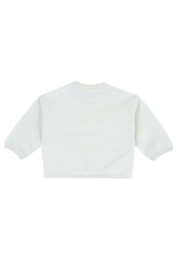 Maglione bianco corto con scollo rotondo, maniche a tre quarti, polsini a coste e una texture liscia. Design minimalista con linee pulite.