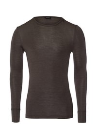 Camisa de manga larga en gris oscuro, hecha de una tela suave y texturizada. Cuenta con un escote redondo y un diseño ajustado con puños acanalados.