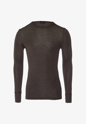 Camisa de manga larga en gris oscuro, hecha de una tela suave y texturizada. Cuenta con un escote redondo y un diseño ajustado con puños acanalados.