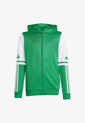 Felpa con cappuccio verde con cerniera e maniche superiori bianche, loghi Adidas verdi e tre strisce bianche lungo le maniche inferiori.
