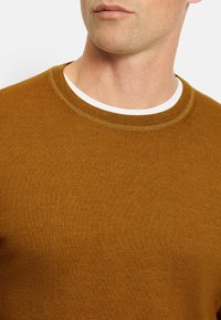 Brauner, gerippter Pullover mit Rundhalsausschnitt, aus strukturiertem Stoff. Verfügt über einen weißen Innenkragen, der unter dem Ausschnitt sichtbar ist.
