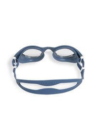 Blauwe siliconen zwembril met een gestroomlijnd ontwerp, heldere lenzen en een verstelbare band met het "arena" logo.