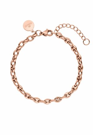 Roze gouden kettingarmband met ovale schakels en een kreeftsluiting. Voorzien van een verstelbare ketting voor lengte-aanpassing en een ronde tag.