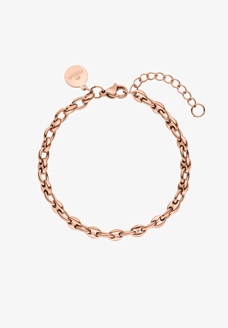 Armband aus roségoldfarbener Kette mit ovalen Gliedern und einem Karabinerverschluss. Verfügt über eine verstellbare Kette zur Längeneinstellung und einem runden Anhänger.